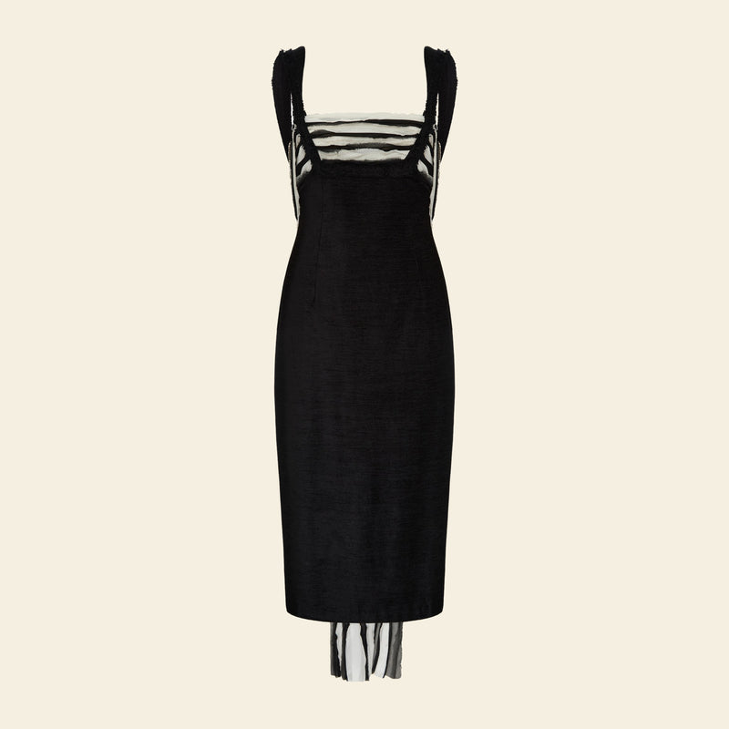 Vestido Tubinho Midi Cauda Listrada Preto