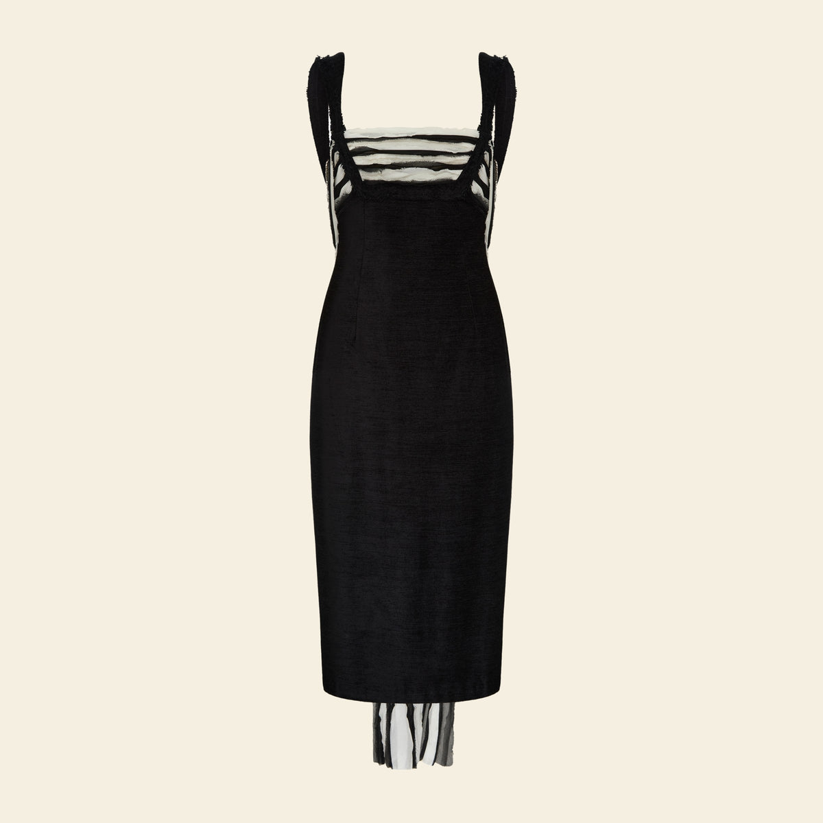 Vestido Tubinho Midi Cauda Listrada Preto — still frente